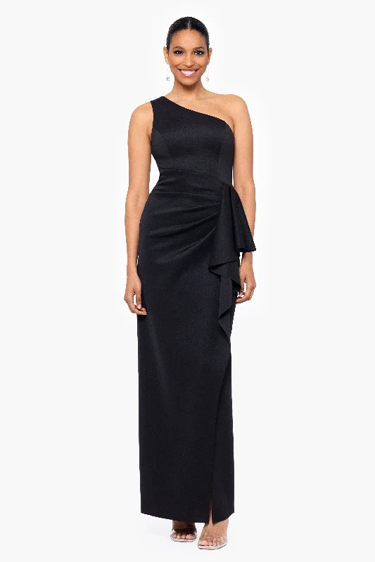 Cocktail dresses with a ruched bodice and spaghetti strapsPetite "Tana" Long Scuba One Shoulder Ruffle Floor Length Dress Cocktail dresses with a ruched bodice and spaghetti strapsPetite "Tana" Long Scuba One Shoulder Ruffle Floor Length Dress