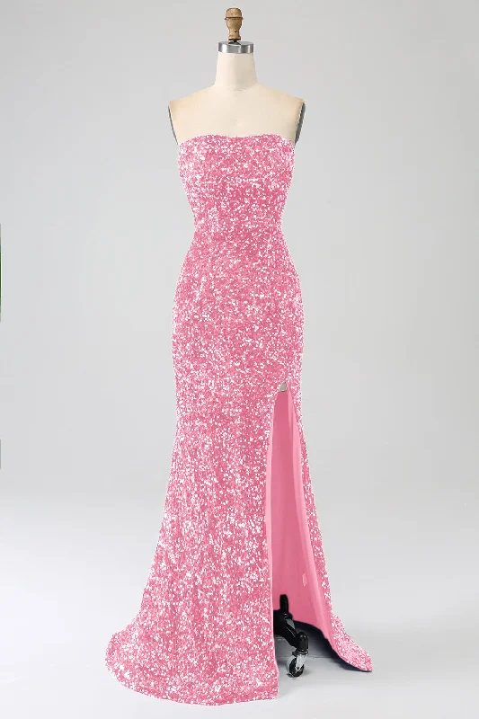 Metallic cocktail dresses with a halter neck for a glamorous occasionPink Mermaid Strapless Sequins Long Prom Dress With Slit Metallic cocktail dresses with a halter neck for a glamorous occasionPink Mermaid Strapless Sequins Long Prom Dress With Slit
