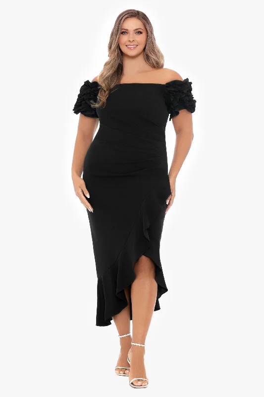 Cocktail dresses with a patchwork pattern and a mid - thigh lengthPlus "Loretta" Scuba Crepe Off the Shoulder Ruffle Sleeve Midi Dress Cocktail dresses with a patchwork pattern and a mid - thigh lengthPlus "Loretta" Scuba Crepe Off the Shoulder Ruffle Sleeve Midi Dress