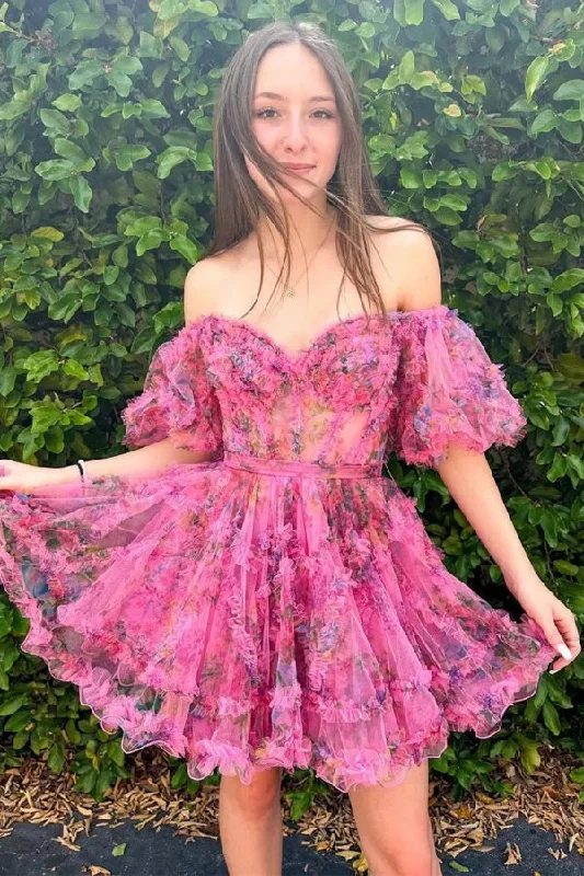 Party dresses with a bow detail for a cute and charming touchPretty Fuchsia Puff Sleeves A-Line Princess Homecoming Dress PD532 Party dresses with a bow detail for a cute and charming touchPretty Fuchsia Puff Sleeves A-Line Princess Homecoming Dress PD532