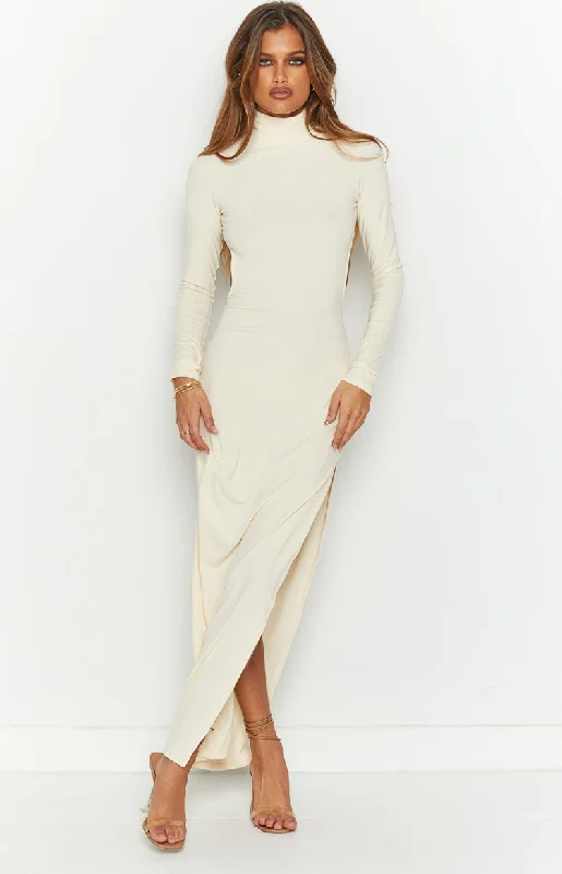 A - line cocktail dresses with floral embroidery for spring partiesQuincy Beige Open Back Midi Dress