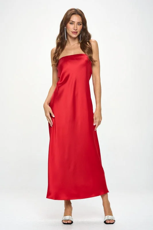 Cocktail dresses with a mesh panel and a high - neck designRed Satin Tube Draped Maxi Dress Cocktail dresses with a mesh panel and a high - neck designRed Satin Tube Draped Maxi Dress