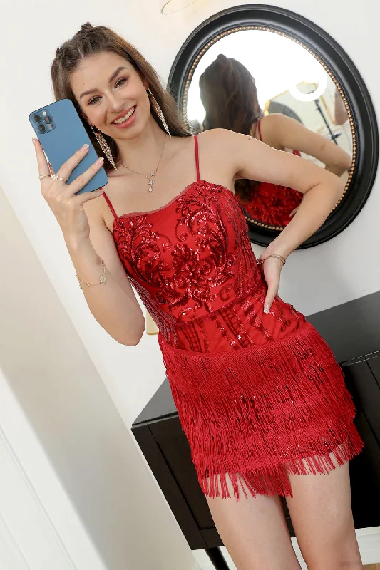Mini cocktail dresses with a cold - shoulder ruffled sleeveRed Sequin Fitted Homecoming Dress with Fringes Mini cocktail dresses with a cold - shoulder ruffled sleeveRed Sequin Fitted Homecoming Dress with Fringes
