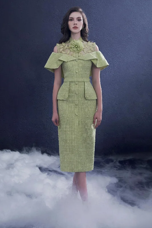 Gothic - style party dresses for a dark and mysterious look​Revela Pencil Cold Shoulder Sleeved Tweed Knee-length Dress