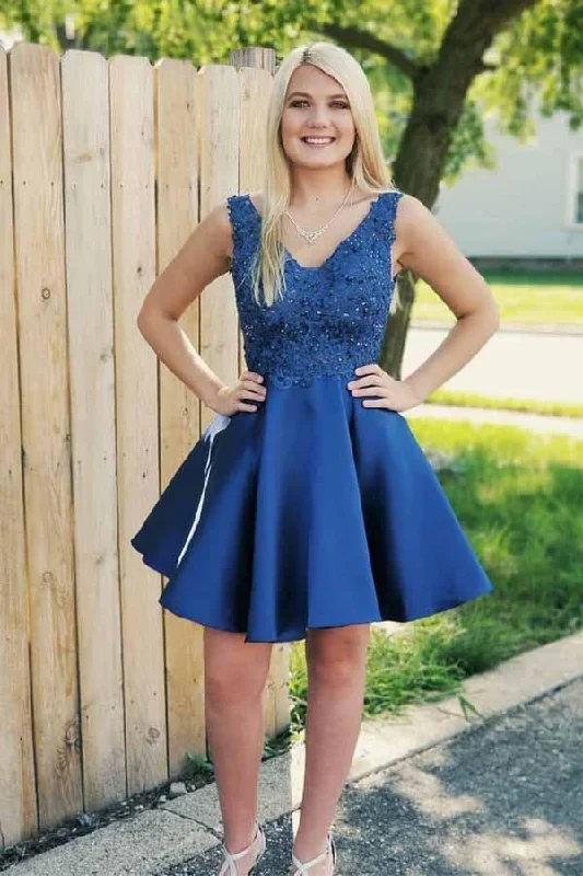 Party dresses with a sheer panel for a hint of allureRoyal Blue Lace Applique Homecoming Dresses Backless Short Prom Dress PD231 Party dresses with a sheer panel for a hint of allureRoyal Blue Lace Applique Homecoming Dresses Backless Short Prom Dress PD231