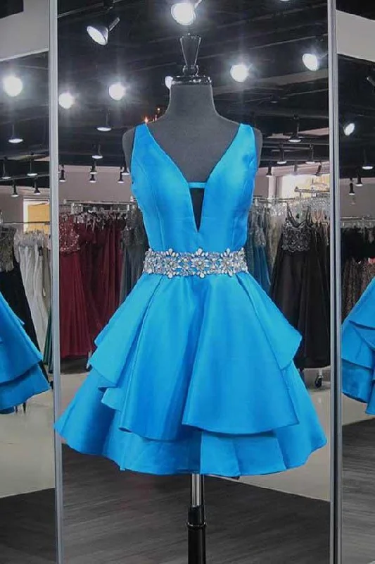 Short - length party dresses with a ruffled skirt for a flirty lookSatin Blue V-Neck Short Homecoming Dresses with Beadings PD042 Short - length party dresses with a ruffled skirt for a flirty lookSatin Blue V-Neck Short Homecoming Dresses with Beadings PD042