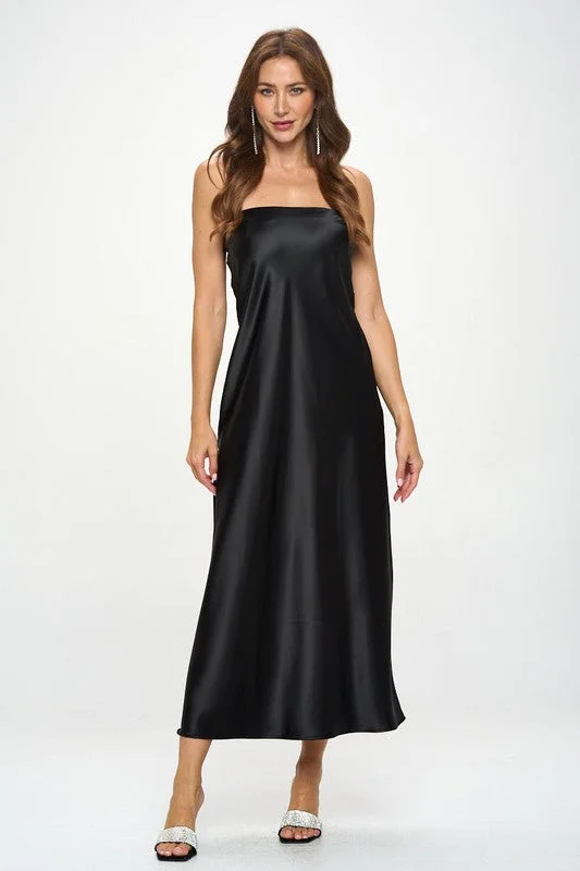 Sleeveless cocktail dresses in a silk - blend fabric for a luxurious feelSilky Satin Tube Draped Black Maxi Dress. Sleeveless cocktail dresses in a silk - blend fabric for a luxurious feelSilky Satin Tube Draped Black Maxi Dress.