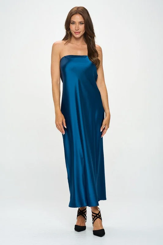 Lace - trimmed cocktail dresses in a pastel color for a soft appearanceSilky Satin Tube Draped Teal Maxi Dress Lace - trimmed cocktail dresses in a pastel color for a soft appearanceSilky Satin Tube Draped Teal Maxi Dress