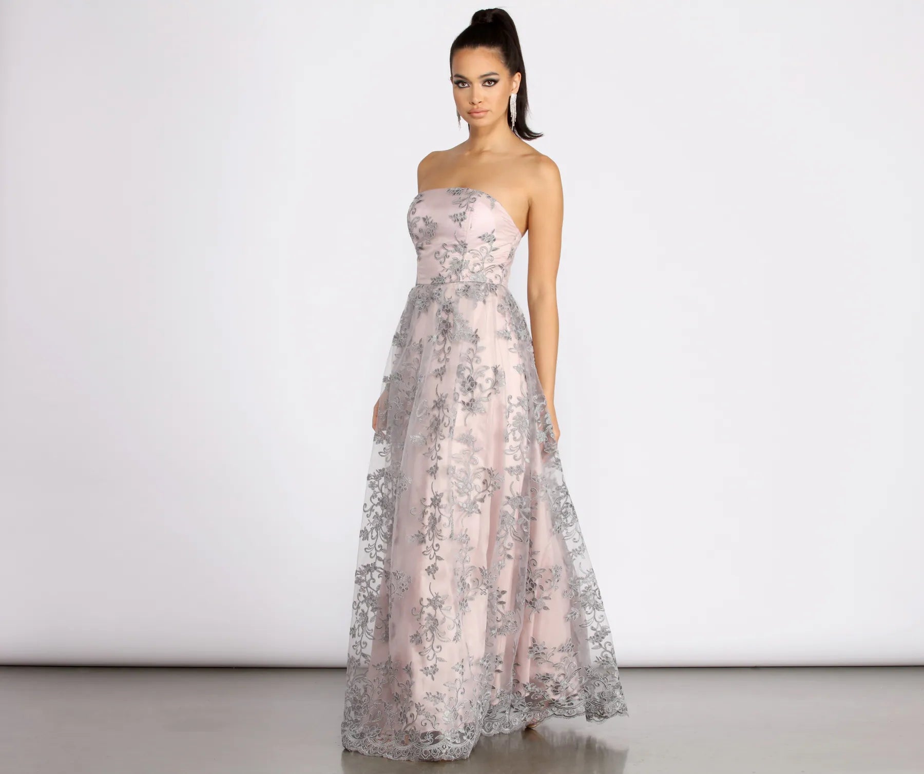 Maxi wedding guest dresses with floral prints for summer weddingsSinclair Embroidered Strapless Ball Gown Maxi wedding guest dresses with floral prints for summer weddingsSinclair Embroidered Strapless Ball Gown