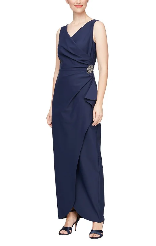 Wedding guest dresses with puff sleeves and knee - length hemsLong Sleeveless Compression Sheath Gown with Surplice Neckline, Cascade Detail Skirt and Beaded Detail at Hip Wedding guest dresses with puff sleeves and knee - length hemsLong Sleeveless Compression Sheath Gown with Surplice Neckline, Cascade Detail Skirt and Beaded Detail at Hip