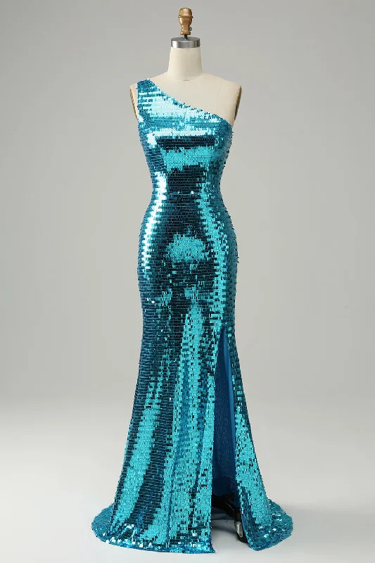 Cocktail dresses with a metallic - embroidered pattern and a midi - hemSparkly Blue Sequins One Shoulder Long Prom Dress with Slit Cocktail dresses with a metallic - embroidered pattern and a midi - hemSparkly Blue Sequins One Shoulder Long Prom Dress with Slit