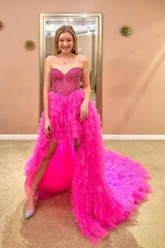 Party dresses with a handkerchief hem for a unique and flowing styleStrapless Hot Pink Tulle High Low Ball Gown Simple Prom Dress PSK296 Party dresses with a handkerchief hem for a unique and flowing styleStrapless Hot Pink Tulle High Low Ball Gown Simple Prom Dress PSK296
