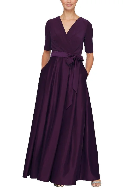 Satin wedding guest dresses with side slits for a sexy touchSurplice Neckline Ballgown with Full Satin Skirt & Jersey Bodice