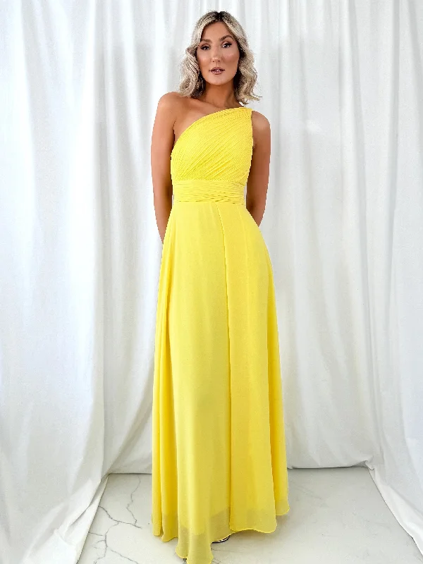 Halter - neck wedding guest dresses with beaded strapsTracy One Shoulder Draped Top Maxi Dress - Yellow Halter - neck wedding guest dresses with beaded strapsTracy One Shoulder Draped Top Maxi Dress - Yellow