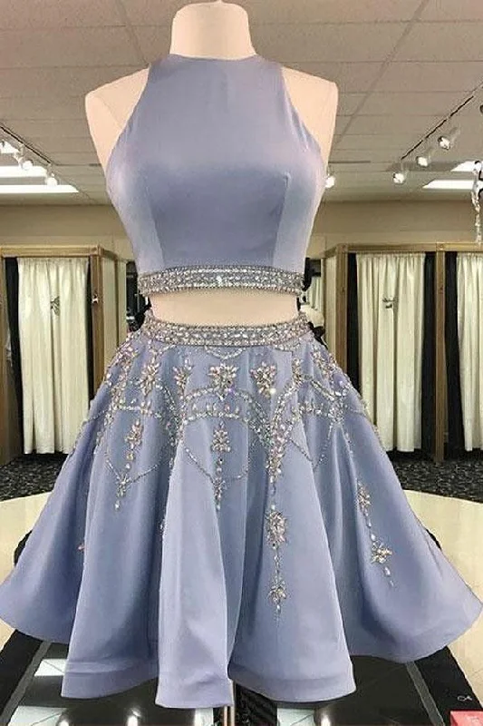 Satin party dresses with a smooth and lustrous finishTwo Piece Round Neck Light Sky Blue Beaded Satin Homecoming Dress PG188 Satin party dresses with a smooth and lustrous finishTwo Piece Round Neck Light Sky Blue Beaded Satin Homecoming Dress PG188