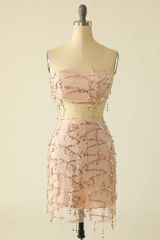 Cocktail dresses with off - the - shoulder designs and beaded accentsTwo Piece Sequins Strapless Pink Homecoming Dress Cocktail dresses with off - the - shoulder designs and beaded accentsTwo Piece Sequins Strapless Pink Homecoming Dress
