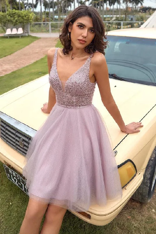 Party dresses with a satin - lined interior for added comfortV Neck Open Back Blush Pink Sequin Short Prom Homcoming Dress PD433 Party dresses with a satin - lined interior for added comfortV Neck Open Back Blush Pink Sequin Short Prom Homcoming Dress PD433