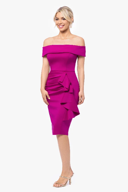 Sequined cocktail dresses with a mermaid silhouette"Vanessa" Short Off The Shoulder Scuba Crepe Side Ruched Dress