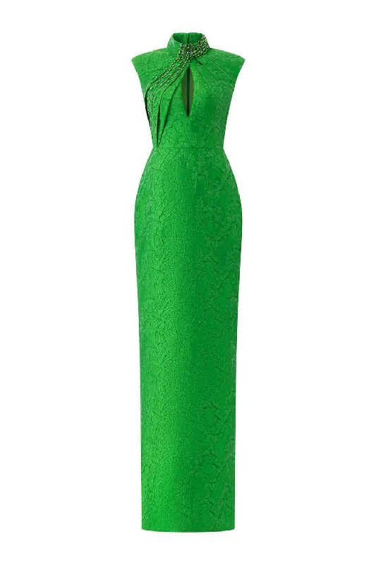 Satin party dresses with a smooth and lustrous finish​Zephyr Sheath Sleeveless Jacquard Floor Length Dress