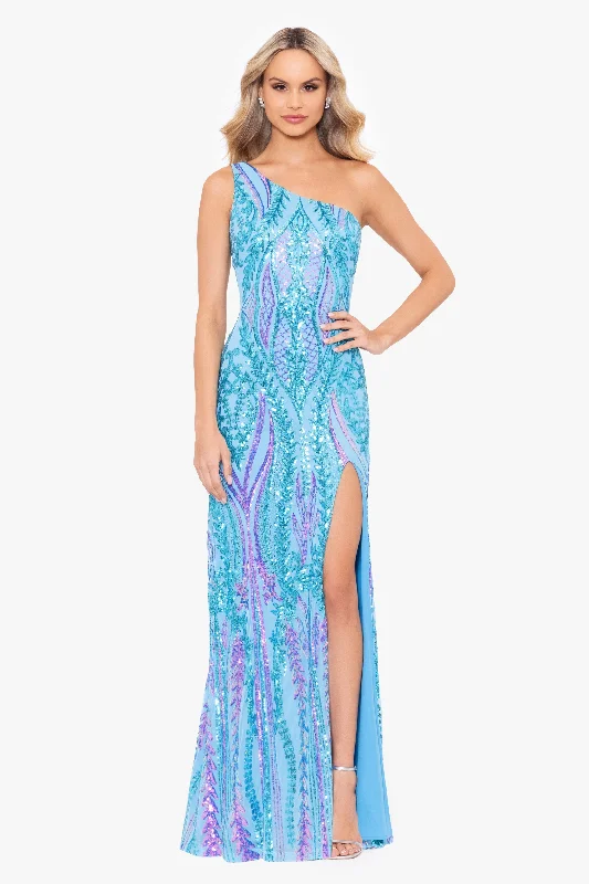 Formal dresses with gathered bodices and wide - leg skirts for a comfortable and stylish silhouette"Terri" Long Placement Sequin One Shoulder Dress Formal dresses with gathered bodices and wide - leg skirts for a comfortable and stylish silhouette"Terri" Long Placement Sequin One Shoulder Dress