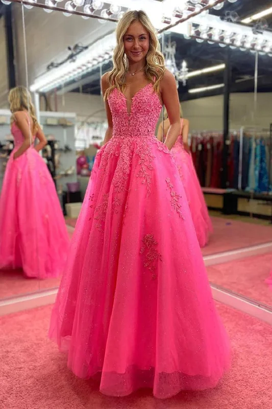 Prom dresses with side - slit skirts and beaded fringes for a glamorous appearanceA-Line Spaghetti Straps Fuchsia Corset Prom Dress with Appliques Prom dresses with side - slit skirts and beaded fringes for a glamorous appearanceA-Line Spaghetti Straps Fuchsia Corset Prom Dress with Appliques