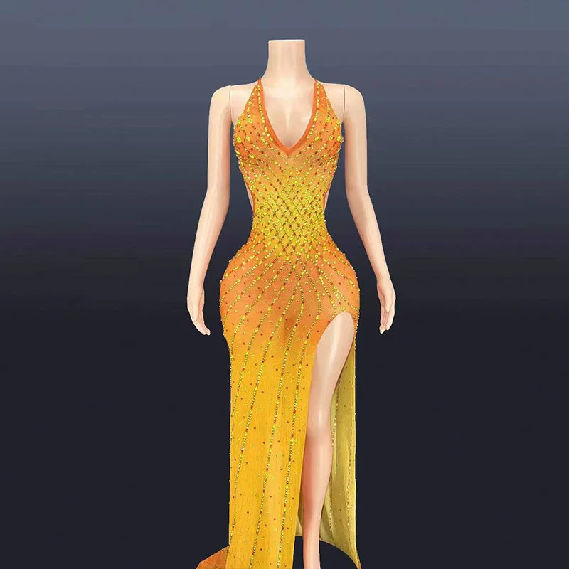 Formal dresses with wrap - around styles and beaded belts for a customized fitAD1149 Advanced Custom Handmade Crystal Diamond Backless Dress With Slit Evening Dresses Gowns For Women Formal dresses with wrap - around styles and beaded belts for a customized fitAD1149 Advanced Custom Handmade Crystal Diamond Backless Dress With Slit Evening Dresses Gowns For Women