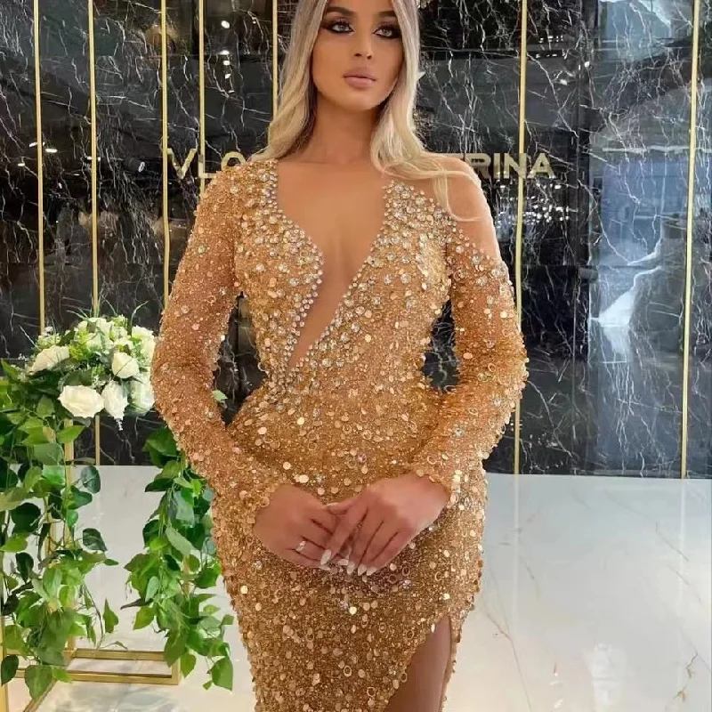 Sequined formal dresses with open backs for a sexy prom styleED2221 Kimshein Women Clothing Long Sleeve Mesh Hollow Out With Diamond Sequin Gold Dresses Women For Wedding Guest