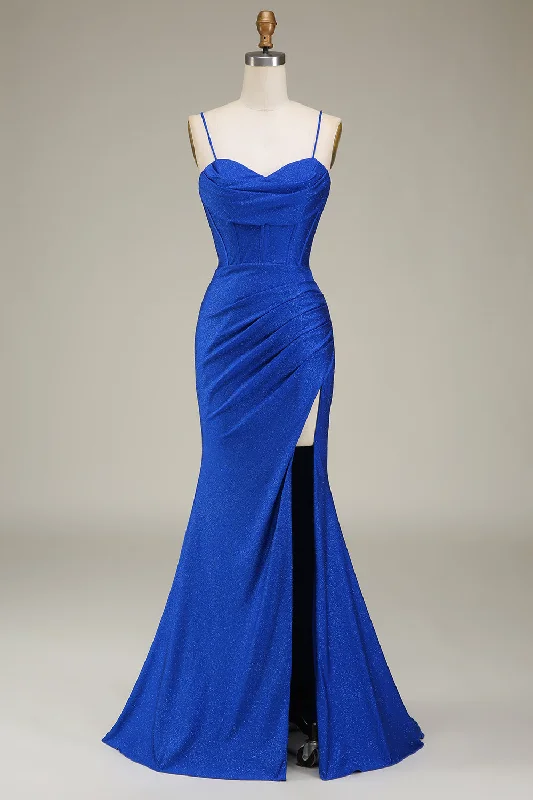 Long - train formal dresses in chiffon for a dramatic prom entranceElegant Royal Blue Corset Satin Mermaid Long Prom Dress with Slit Long - train formal dresses in chiffon for a dramatic prom entranceElegant Royal Blue Corset Satin Mermaid Long Prom Dress with Slit