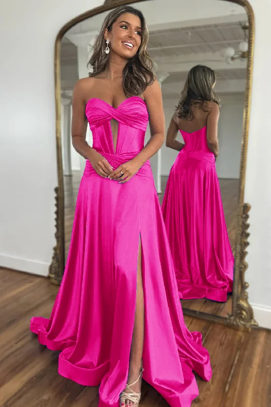 Formal dresses with tassel - adorned belts and tiered skirts for a stylish and festive formal eventFuchsia A-Line Corset Satin Long Prom Dress with Slit Formal dresses with tassel - adorned belts and tiered skirts for a stylish and festive formal eventFuchsia A-Line Corset Satin Long Prom Dress with Slit