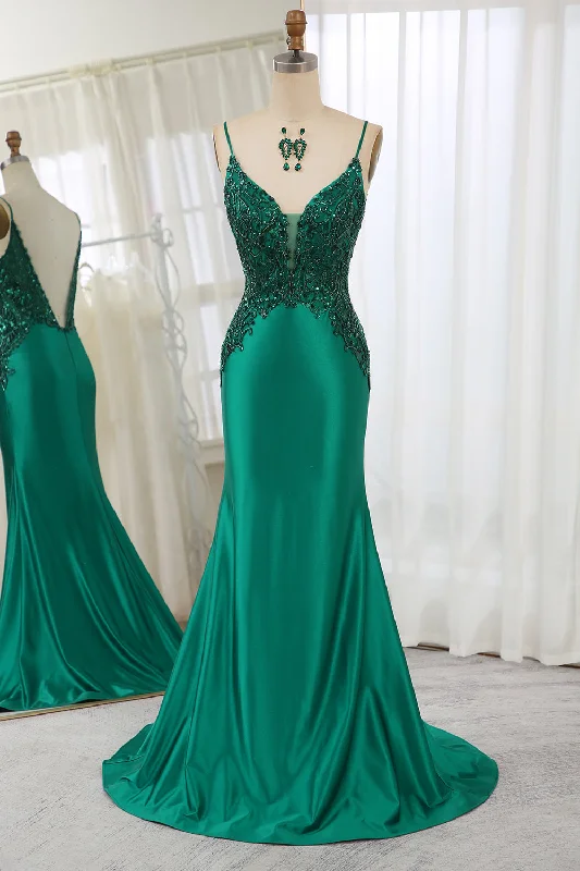 Formal dresses with high - low hems and floral embroidery for a unique prom styleGlitter Dark Green Mermaid Backless Long Prom Dress With Beaded Appliques Formal dresses with high - low hems and floral embroidery for a unique prom styleGlitter Dark Green Mermaid Backless Long Prom Dress With Beaded Appliques