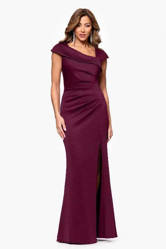 Formal dresses with pleated bodices and taffeta fabric for a traditional look"Lenore " Long Asymmetrical Neckline Scuba Dress