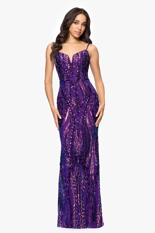 Prom dresses with tiered ruffled sleeves and satin skirts for a feminine and voluminous look"Christine" Spaghetti Strap Floor Length Sequin Dress