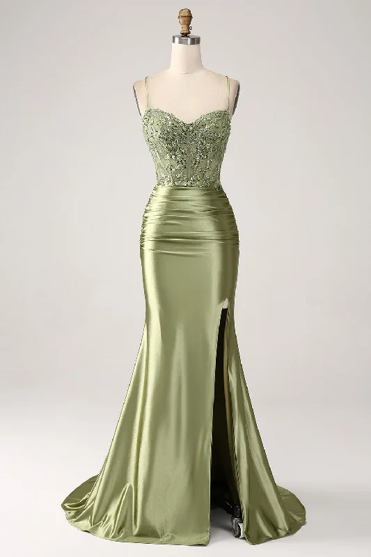 Prom dresses with lace - trimmed sleeves and empire - style waists for a flattering and vintage - inspired formal affairMermaid Sage Spaghetti Straps Lace-up Back Prom Dress With Slit Prom dresses with lace - trimmed sleeves and empire - style waists for a flattering and vintage - inspired formal affairMermaid Sage Spaghetti Straps Lace-up Back Prom Dress With Slit