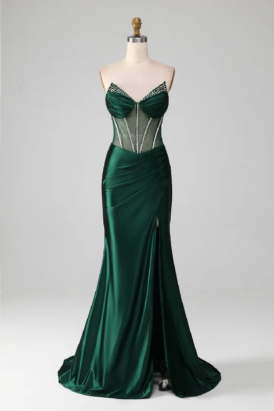 Prom dresses with geometric - cutout sleeves and flowing chiffon fabrics for a modern and airy lookMermaid Sweetheart Dark Green Corset Prom Dress with Split Front Prom dresses with geometric - cutout sleeves and flowing chiffon fabrics for a modern and airy lookMermaid Sweetheart Dark Green Corset Prom Dress with Split Front