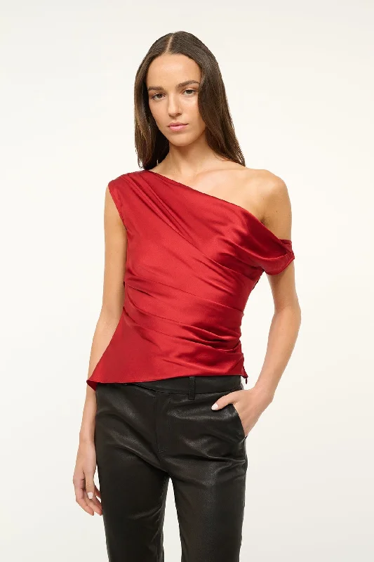 Formal dresses with asymmetric ruffled hems and high - low designs for a fashion - forward and dynamic appearancePHARE SILK TOP | ROUGE Formal dresses with asymmetric ruffled hems and high - low designs for a fashion - forward and dynamic appearancePHARE SILK TOP | ROUGE