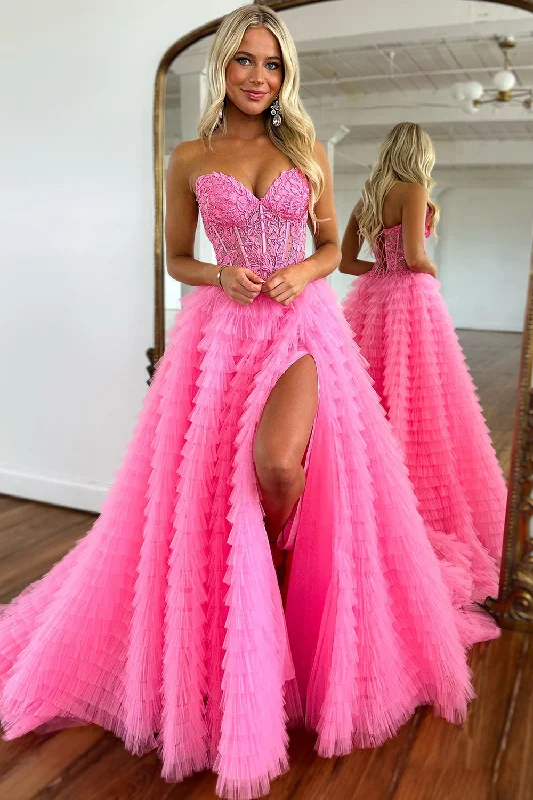 Prom dresses with metallic - colored fabrics and beaded embroidery for a glamorous promPink Corset A-Line Sweetheart Tiered Long Prom Dress with Lace Prom dresses with metallic - colored fabrics and beaded embroidery for a glamorous promPink Corset A-Line Sweetheart Tiered Long Prom Dress with Lace