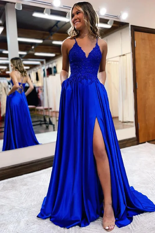 Prom dresses with lace - trimmed hems and off - the - shoulder necklines for a delicate lookRoyal Blue Satin A-Line Appliques Prom Dress with Slit Prom dresses with lace - trimmed hems and off - the - shoulder necklines for a delicate lookRoyal Blue Satin A-Line Appliques Prom Dress with Slit
