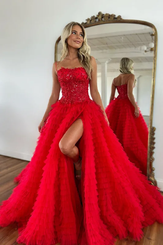Formal dresses with fringe - trimmed sleeves and wrap - around styles for a bohemian - inspired formal eventSparkly Red Corset Long Ruffled Prom Dress with Slit Formal dresses with fringe - trimmed sleeves and wrap - around styles for a bohemian - inspired formal eventSparkly Red Corset Long Ruffled Prom Dress with Slit