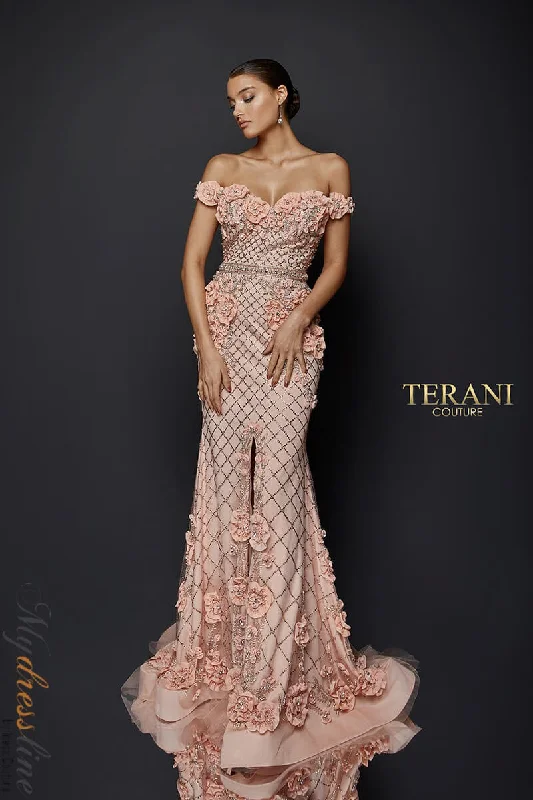 Prom dresses with cold - shoulder ruffled sleeves and floral prints for a romantic and fashionable styleTerani Couture 1922GL0682 Prom dresses with cold - shoulder ruffled sleeves and floral prints for a romantic and fashionable styleTerani Couture 1922GL0682