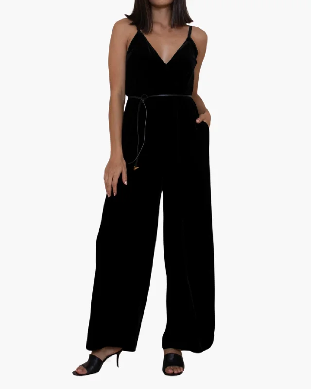 Formal dresses with off - the - shoulder sleeves and rhinestone accents for a sophisticated promVELVET STRAP JUMPSUIT IN BLACK Formal dresses with off - the - shoulder sleeves and rhinestone accents for a sophisticated promVELVET STRAP JUMPSUIT IN BLACK