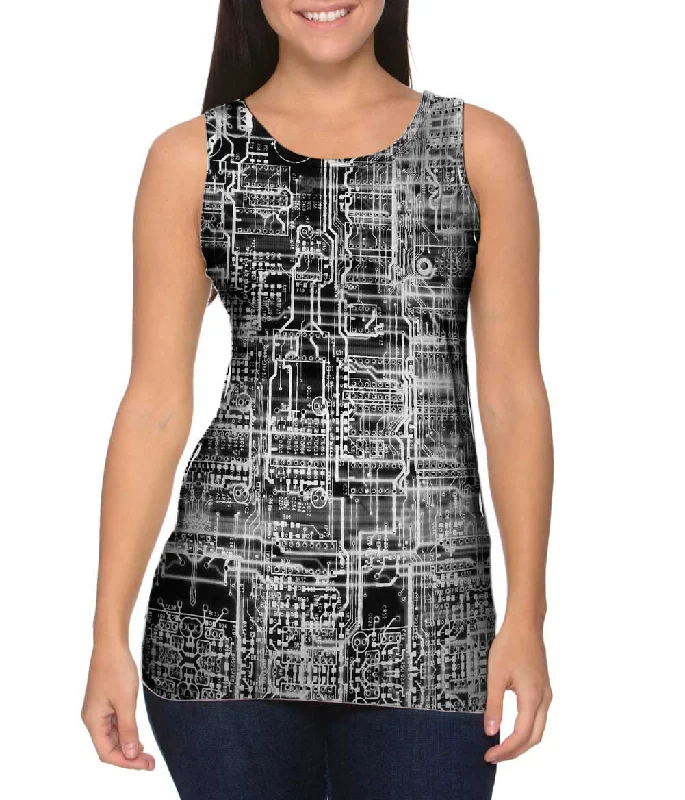 Plus Size Women's Side - Slit Tank Tops in Metallic ShadesCircuit Board White