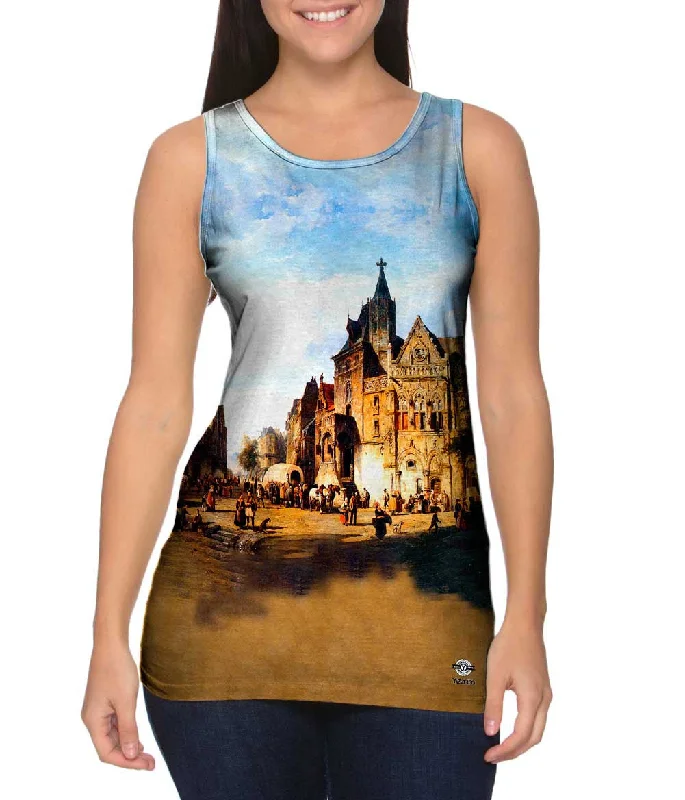 Plus Size Women's Ruffled Hem Tank Tops with Floral PrintsCornelis Springer - "City View" (1891)