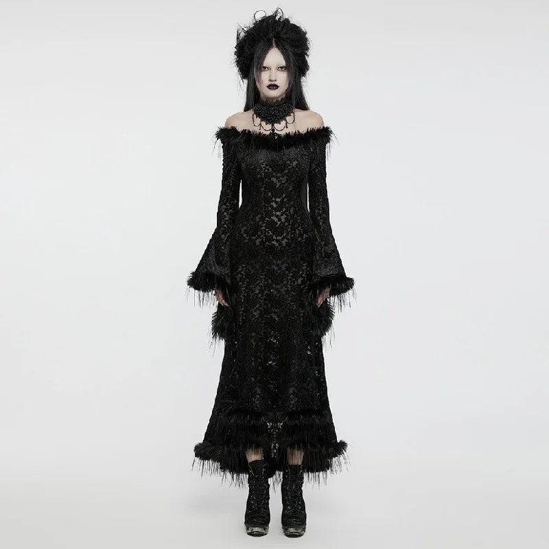 Mermaid - Style Women Dress with a Fitted Silhouette for Special OccasionsWomen's Gothic Flared Sleeved Faux Fur Splice Flocked Mesh Witch Dress