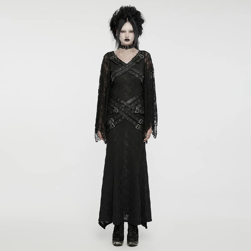 Empire Waist Women Dress to Accentuate the Bust and Conceal the WaistWomen's Gothic Lace Sleeved Buckle Strap Splice Party Dress Empire Waist Women Dress to Accentuate the Bust and Conceal the WaistWomen's Gothic Lace Sleeved Buckle Strap Splice Party Dress