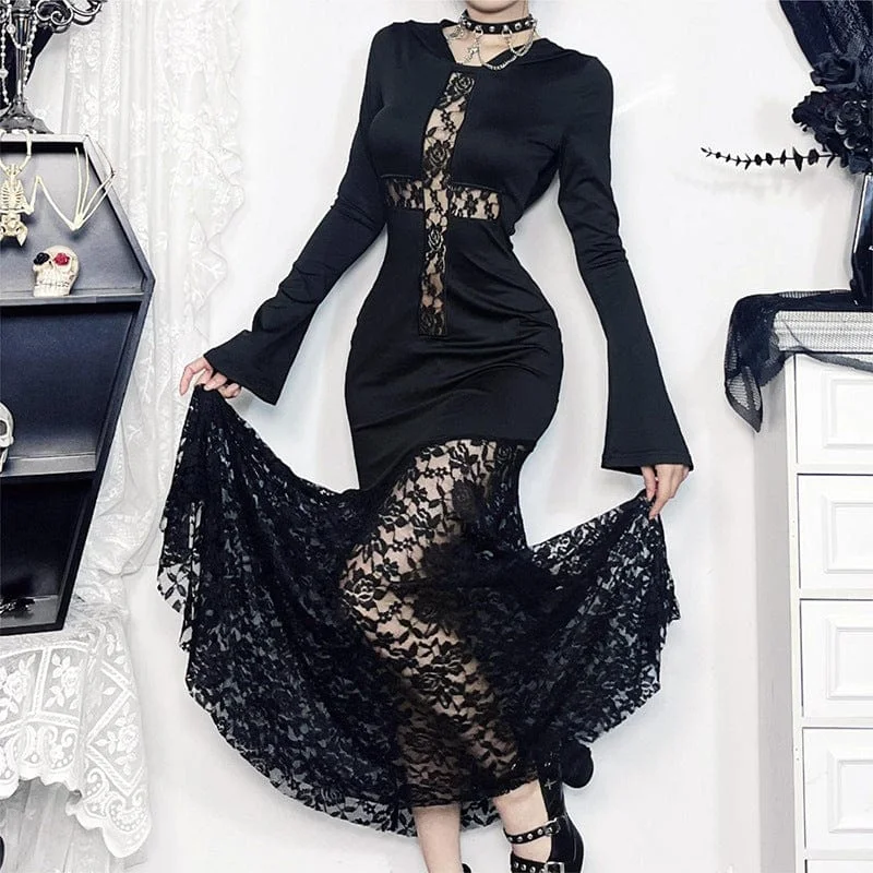 Wrap - Style Women Dress with Adjustable Fit for All Body TypesWomen's Gothic Lace Splice Fishtailed Dress with Hood Wrap - Style Women Dress with Adjustable Fit for All Body TypesWomen's Gothic Lace Splice Fishtailed Dress with Hood