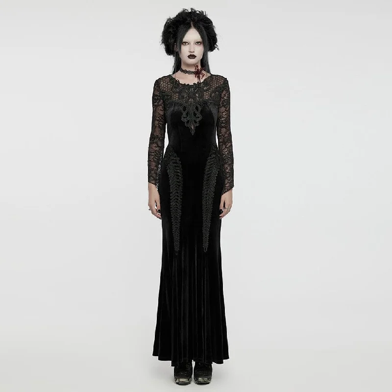 Mermaid - Style Women Dress with a Fitted Silhouette for Special OccasionsWomen's Gothic Lace Splice Velvet Fishtailed Prom Dress Black Mermaid - Style Women Dress with a Fitted Silhouette for Special OccasionsWomen's Gothic Lace Splice Velvet Fishtailed Prom Dress Black