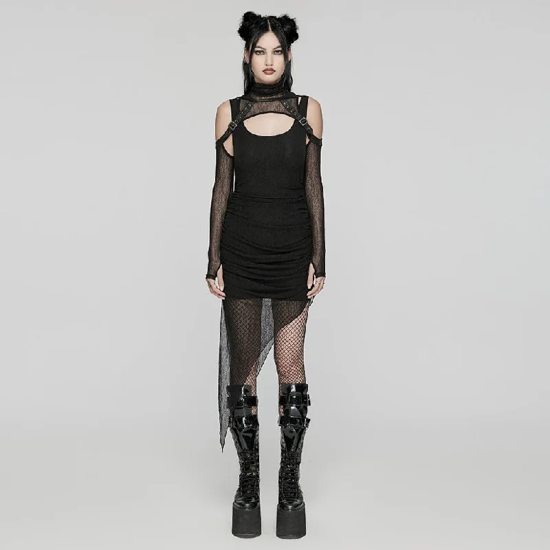 Mini Women Dress with a Short Hem for a Young and Trendy StyleWomen's Punk Irregular Ruched Black Party Dress with Hooded Cape Mini Women Dress with a Short Hem for a Young and Trendy StyleWomen's Punk Irregular Ruched Black Party Dress with Hooded Cape