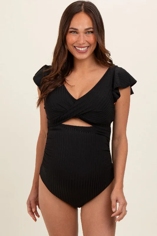 Plus Size Women's Wrap - Style One - Pieces in Burgundy with Belt for a Figure - Flattering OptionBlack Ribbed Ruched Cutout Flutter One Piece Maternity Swimsuit Plus Size Women's Wrap - Style One - Pieces in Burgundy with Belt for a Figure - Flattering OptionBlack Ribbed Ruched Cutout Flutter One Piece Maternity Swimsuit