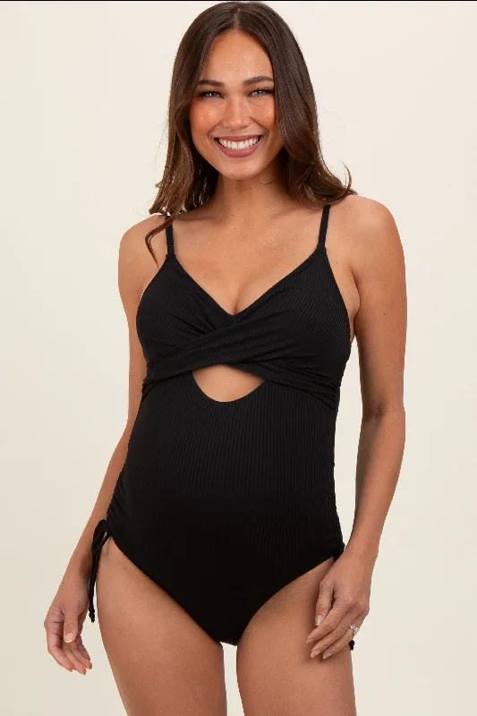 Plus Size Women's Floral Print Maxi One - Pieces in Multicolor for a Spring Garden PartyBlack Ribbed Wrap Front Drawstring Side Maternity One-Piece Swimsuit Plus Size Women's Floral Print Maxi One - Pieces in Multicolor for a Spring Garden PartyBlack Ribbed Wrap Front Drawstring Side Maternity One-Piece Swimsuit