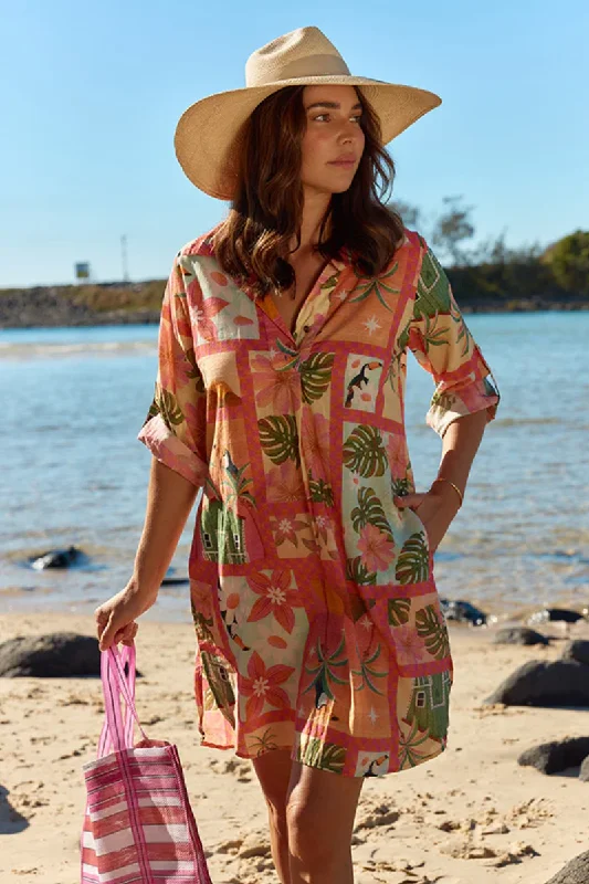 Geometric - pattern cover ups for a modern and trendy appearanceLula Life Audrey Shirt Maker Coral Geometric - pattern cover ups for a modern and trendy appearanceLula Life Audrey Shirt Maker Coral